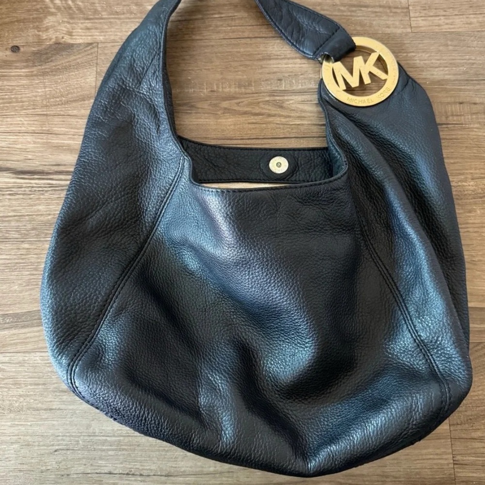 Michael Kors Black Leather Shoulder Bag with Gold Accents